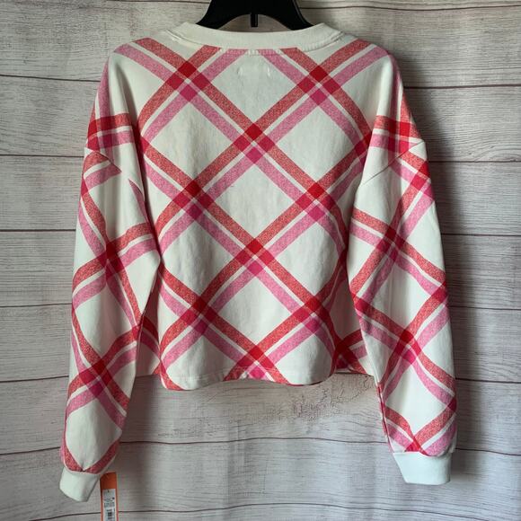 Colsie Pink and White Plaid Lounge Sweatshirt Cut V Neck Soft Size Large - Picture 7 of 10